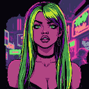 Woman with neon green, purple, and yellow hair, piercing green eyes, and magenta skin, scoffing, with a cyberpunk cityscape at night behind her.