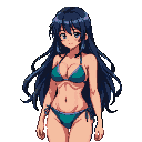 Young woman with long dark blue hair, blue eyes, wearing a teal bikini, looking forward with a gentle, wistful expression.