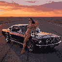 Woman in a bikini leans against a retro black Mustang during a vibrant sunset on an open road.