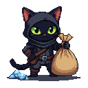 A black cat wearing a mask and hood, holding a sack of loot and surrounded by diamonds.