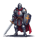 Pixel Art: A man who holding a sword with full armor from Medieval era and also wearing a helmet and the armor has a cross motif. Make it full body (generated with AI by Riviel Wisp).