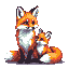 Pixel Art: Detailed cute red fox and his pup, with bright white underside, fine shading (generated with AI and edited by Galrin Shapeshifter).