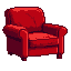 Crimson plush armchair against a black background.