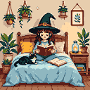 Young witch with dark hair, wearing a pointed hat and blue robe, sits cross-legged on a bed reading a book. A black and white cat rests beside her. Numerous houseplants surround the scene.