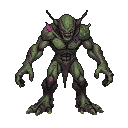 Grotesque bipedal mutant with mottled green, scaled skin, clawed hands, sharp teeth, and dark horns, displaying glowing green accents.