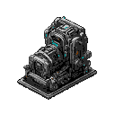 Isometric industrial machine with metallic gray surfaces and glowing cyan accents.