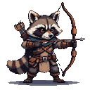 Anthropomorphic raccoon warrior in leather armor and teal cape, holding a drawn wooden longbow with a nocked arrow.