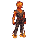Fiery humanoid warrior in dark segmented armor, crackling with intense heat and embers.