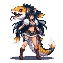 Young woman with dark hair and cat ears stands confidently beside a fierce two-headed serpentine creature with orange and white scales.