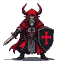 Corrupted Templar priest with blood-red skin, prominent red horns, and a tattered red robe. He wears a black Templar cross on his chest and clutches a rusty, blood-stained short sword and a black shield with a red Templar cross.