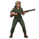 Determined woman in olive-drab uniform and seal-head helmet stands at attention holding a rifle.