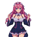 Young woman with voluminous pink hair and large blue eyes, wearing a dark ornate dress with ruffled trim and a floral headband, in a playful pose.