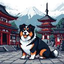 Pixel Art: generate a black and white fat dog near a temple in japan