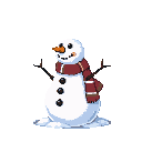 A cheerful snowman with charcoal buttons, a striped burgundy scarf, and a carrot nose.