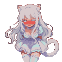 Shy neko girl with long white hair, white cat ears, and a blush looks down with starry eyes. She wears a short, frilly pastel outfit and thigh-highs, with a fluffy tail curled at her side.