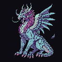 Chimeric beast with serpentine body, equine legs, draconic wings, and pink/purple mane, seated regally.