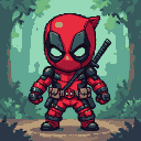 Chibi Deadpool in his red and black suit with pixelated armor and pouches, standing in a softly blurred green forest with a katana on his back.