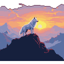 Pixel Art: A majestic white wolf standing on a rocky mountain peak at s...