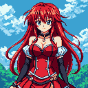 Young woman with long crimson hair and bright blue eyes, wearing a revealing red outfit with white accents and black sleeves, looking directly at the viewer. Lush green landscape with fluffy white clouds in a bright blue sky background.