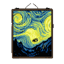 Framed pixel art of Van Gogh's "Starry Night" with swirling blue and yellow sky, luminous celestial bodies, and a silhouetted village.