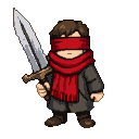 Solitary warrior in a red scarf and blindfold, holding a colossal sword.