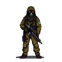 A lone figure in an olive-drab jumpsuit and gas mask with glowing red lenses holds a rifle.