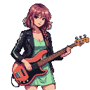 Young woman with rose-mauve pink hair and pale lavender eyes, wearing a pastel green sleeveless dress and black jacket, holding a light-brown electric bass guitar.