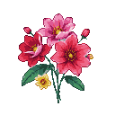 A vibrant bouquet of pixelated crimson, fuchsia, and yellow flowers with green leaves and stems against a black background.