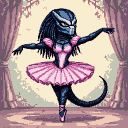 A dark, segmented creature with mandibles and dreadlock-like tendrils wears a pink ballerina tutu and bodice, posing gracefully en pointe on a dimly lit stage with muted curtains in the background.