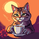 A tabby cat with green eyes cradles a steaming cup of tea against an orange background with a sun and silhouetted foliage. A red flower is visible.