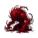 A grotesque, amorphous entity of viscous, deep red material with numerous glowing red eyes writhes against a black background.