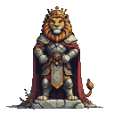Anthropomorphic lion king statue, weathered stone, ornate armor, crimson cloak, golden crown, pixel art style.