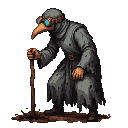 A plague doctor in tattered grey robes and steampunk goggles with blue lenses, holding a wooden staff, stands hunched over a dark, earthy ground.