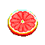 A pixel art grapefruit slice with vibrant pink flesh, yellow and white rind, and a bright green core against a black background.