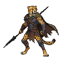Cheetah warrior with spear and tattered cloak, wearing segmented armor and an earthy-toned scarf.