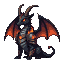 Pixel Art: Hybrid Dragon, which merges with a goat's head and bat wings, with reptile skin, the skin color is black, it has wavy horns, its eyes are red, and it wears fire armor. (generated with AI and edited by sandacz).