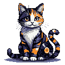 Calico cat with blue, orange, and white patches, amber eyes, and white whiskers, sitting upright with tail curled around its body on a vinyl record against a black background.