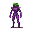 A muscular alien warrior with a green, scaly, fish-like head and a segmented purple armored body.