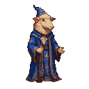 A sheep-headed wizard in a deep blue, golden-patterned robe and pointed hat, holding a staff and extending an open palm.