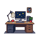Computer monitor displaying a starry sky, casting a glow on a desk with a red mug, papers, and a desk lamp.
