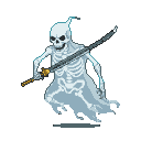 Spectral skeleton with a glowing katana, translucent with wispy edges.