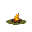 A crackling campfire with orange and yellow flames sits atop dark logs on muted green grass, against a black background.