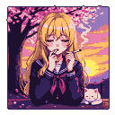Young woman with blonde hair in a vintage Japanese school uniform holds a cigarette, looking weary against a vibrant pink and orange sunset and blooming sakura tree. A white cat sleeps nearby.