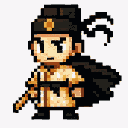 Warrior in golden armor and black cape, holding a weapon, with a determined gaze.