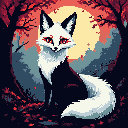 Gothic kitsune with white fur, black markings, and red eyes in a dark, moonlit autumnal forest with fallen crimson leaves.