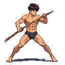 East Asian youth running left with a wooden practice sword, muscular physique, focused expression, studio lighting.