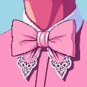 A light pink bow tie with white lace accents, worn over a white collar and a pink shirt.