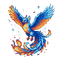Majestic phoenix with vibrant blue plumage, fiery orange wingtips, and a trailing tail of embers, soaring upwards with a golden pixel crown.
