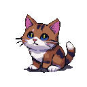 A tabby kitten with blue eyes and pink ears, brown and striped fur, and white accents on its chest, paws, and tail tip.