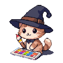 Chibi cat artist in a witch's hat and bow tie, holding a paintbrush, stands before a colorful watercolor palette.